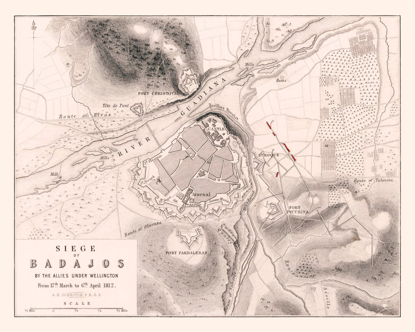 Vintage Map of the Siege of Badajoz, 1812