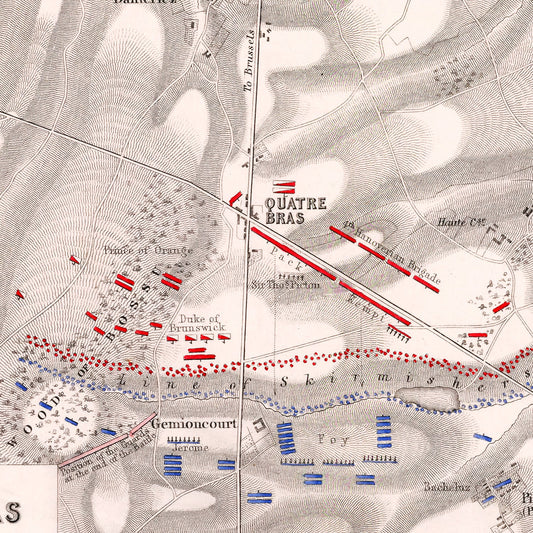 Vintage Map of the Battle of Quatre Bras, Belgium, 1815