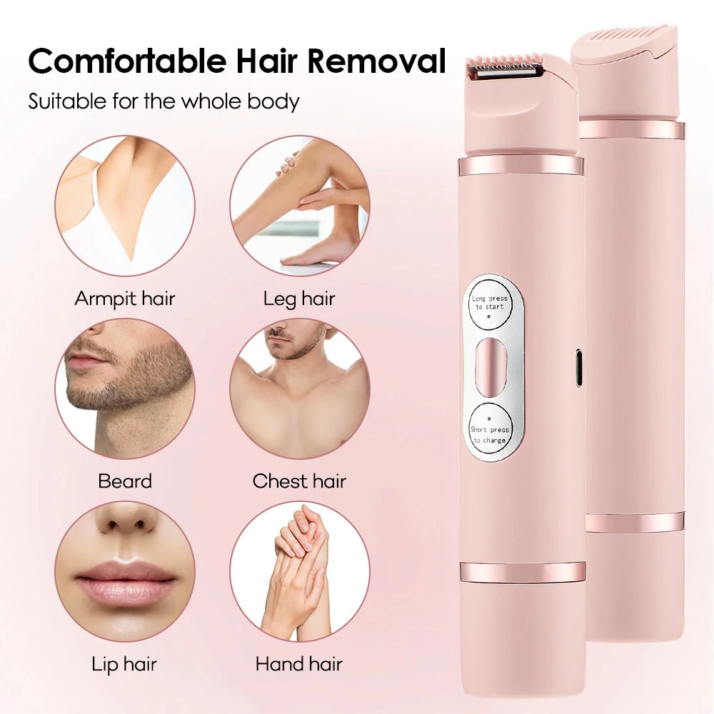 Pink hair removal device with illustrations of body parts suitable for hair removal on a pink background.