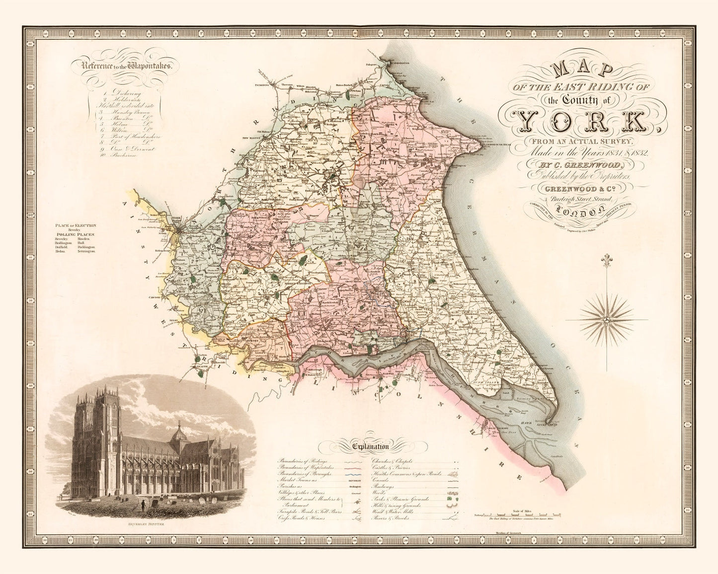 Vintage Map of East Riding of Yorkshire, England, 1834