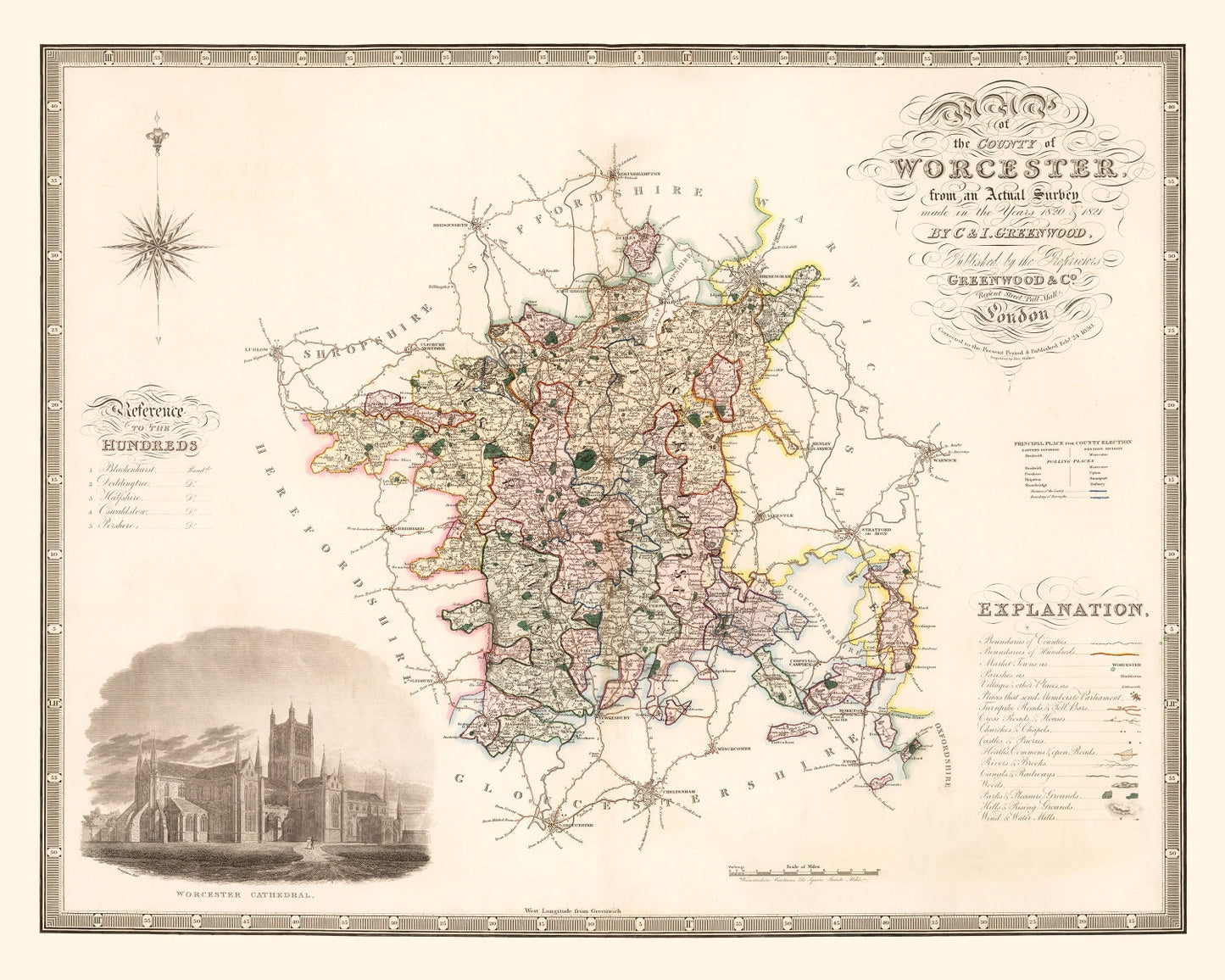 Vintage Map of Worcester, England, 1830