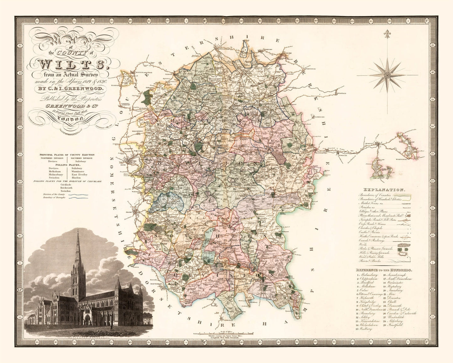Vintage Map of Wiltshire, England, 1829