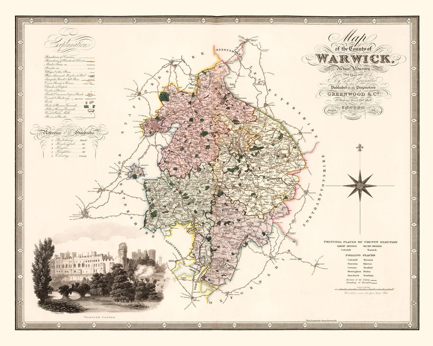 Vintage Map of Warwick, England, 1830