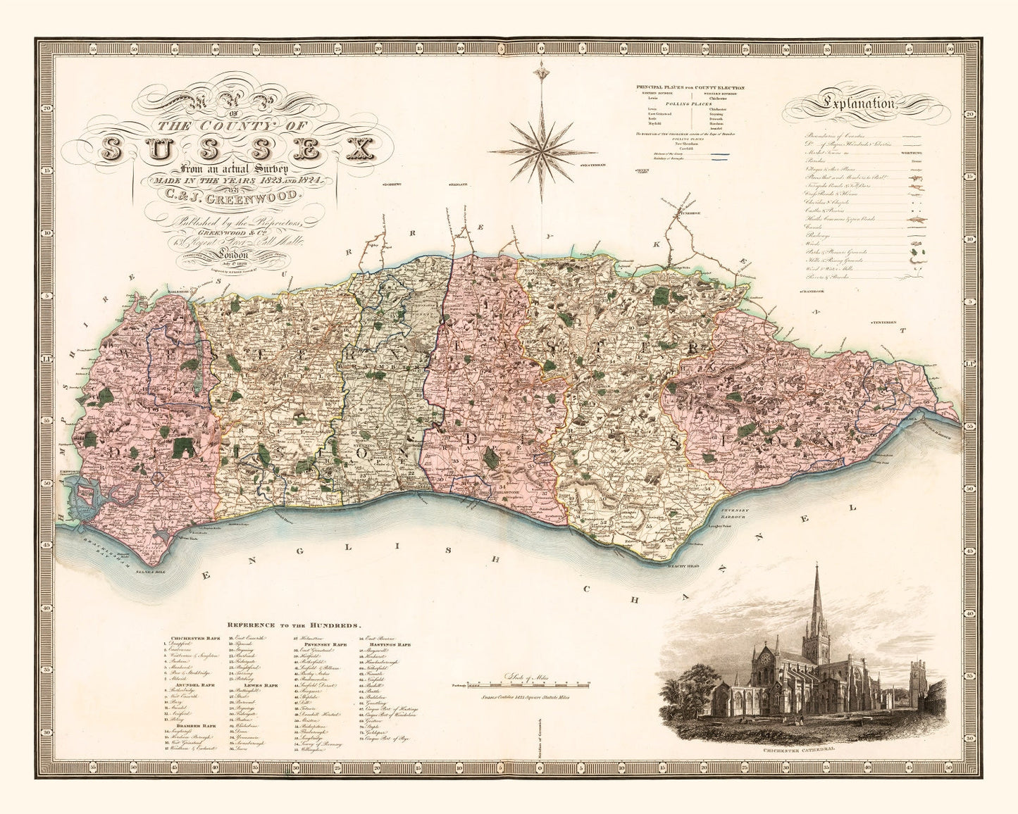 Vintage Map of Sussex, England, 1829