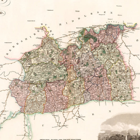 Vintage Map of Surrey, England, 1829