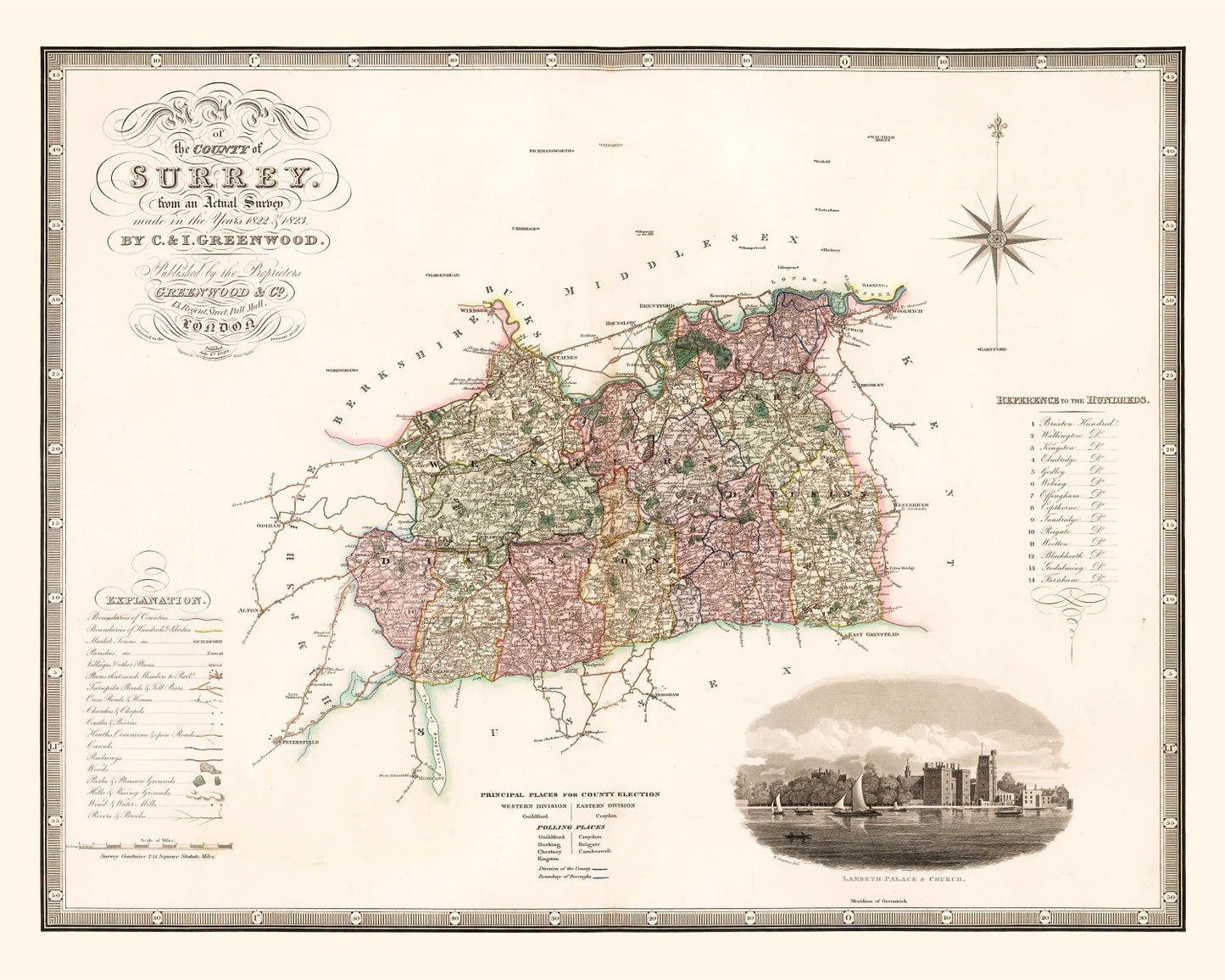 Vintage Map of Surrey, England, 1829