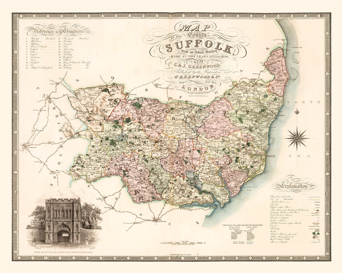 Vintage Map of Suffolk, England, 1831