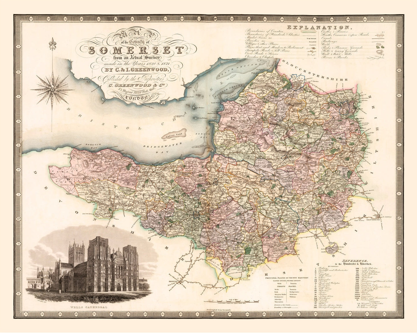 Vintage Map of Somerset, England, 1829