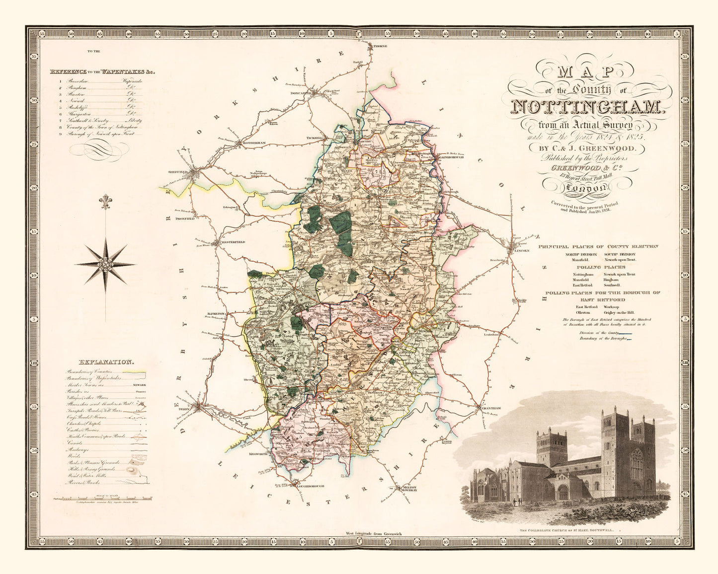 Vintage Map of Nottingham, England, 1831