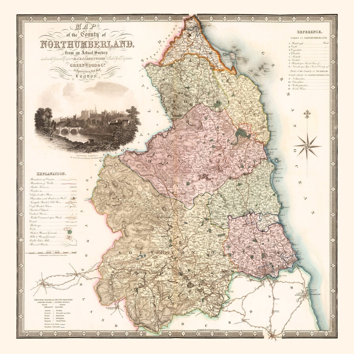 Vintage Map of Northumberland, England, 1831