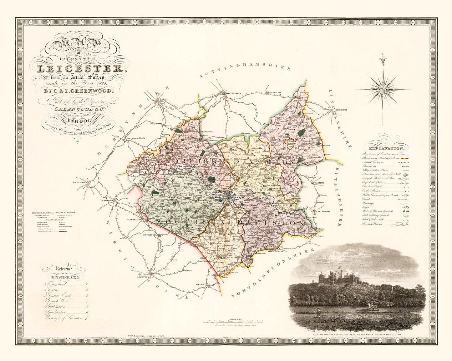 Vintage Map of Leicester, England, 1830