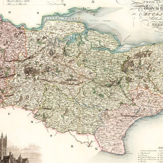 Vintage Map of Kent, England, 1829