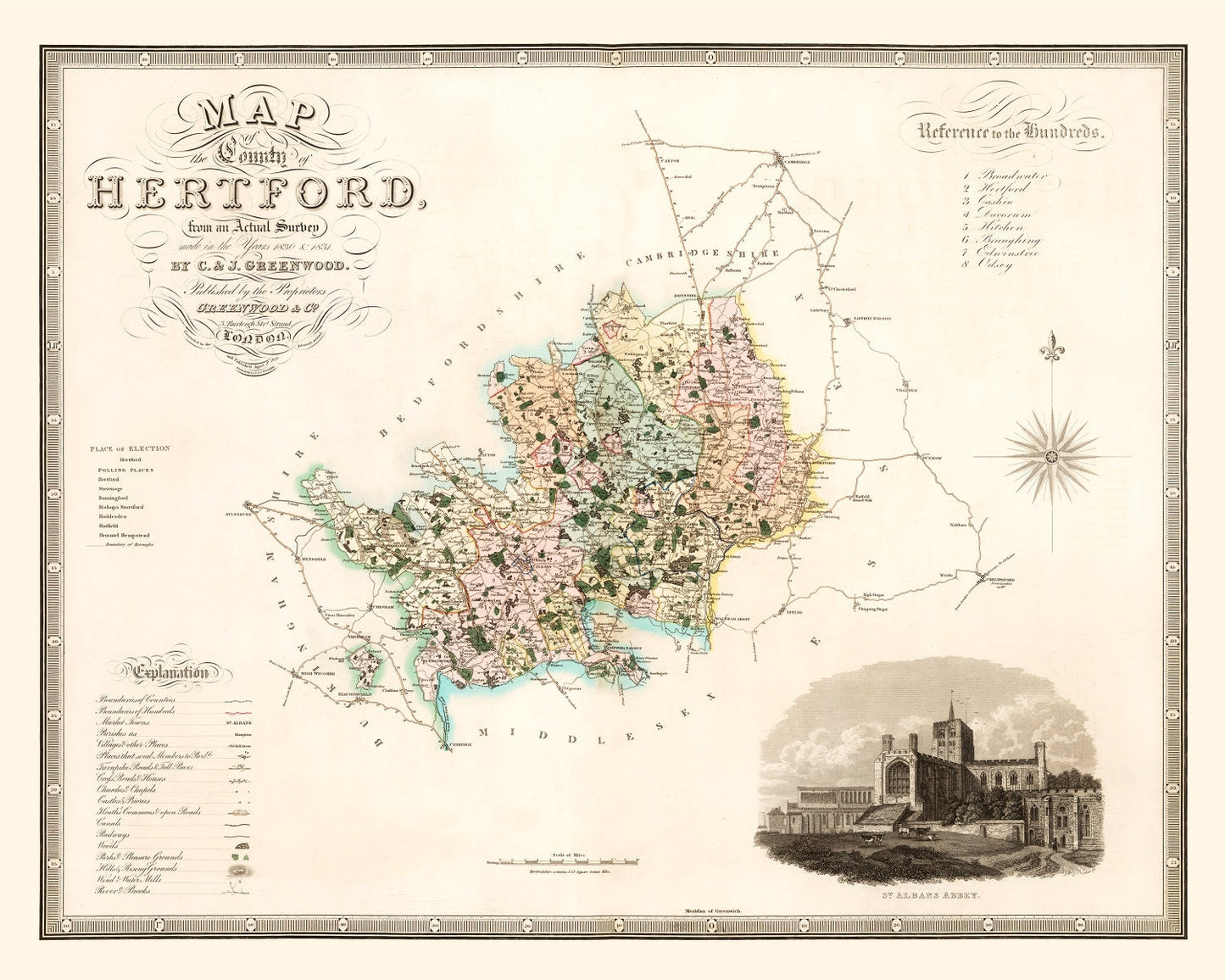 Vintage Map of Hertford, England, 1834