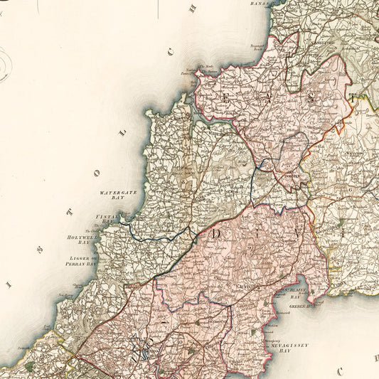 Vintage Map of Cornwall, England, 1829