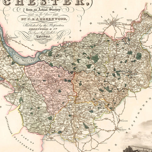 Vintage Map of Cheshire, England, 1830