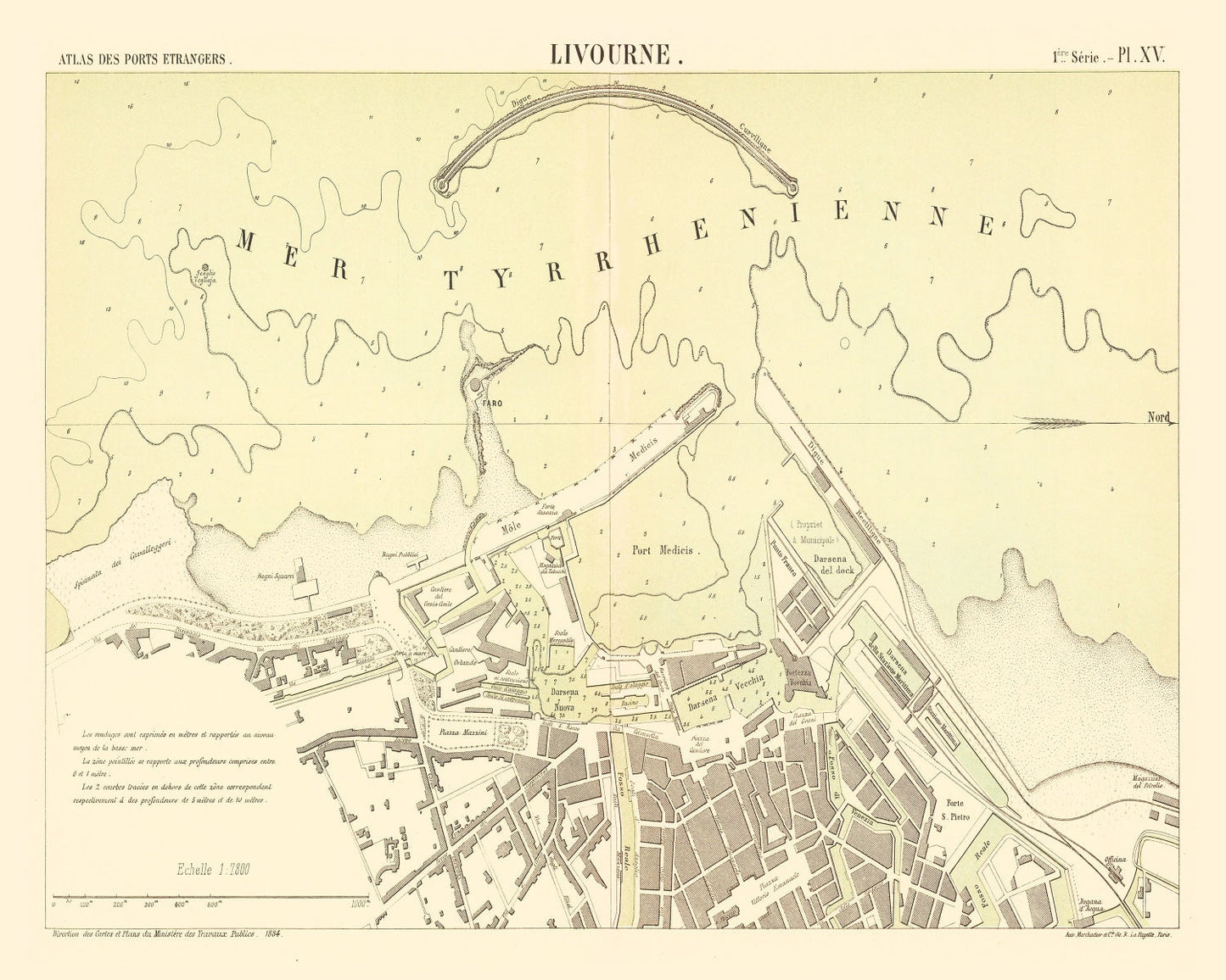 Vintage Map of Livorno, Italy, 1884