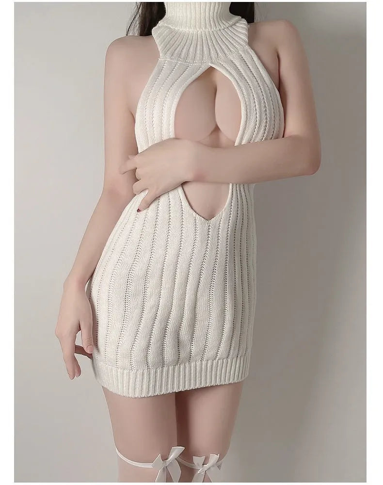 Backless knit mini dress available in white at Sparkycare