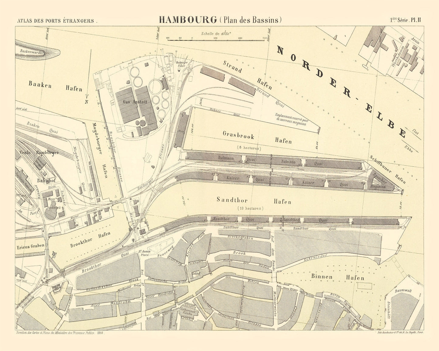 Vintage Map of Hamburg, Germany, 1884