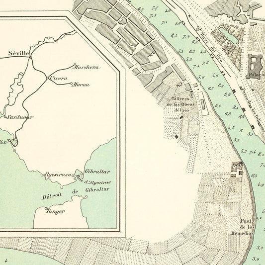 Vintage Map of Seville, Spain, 1870