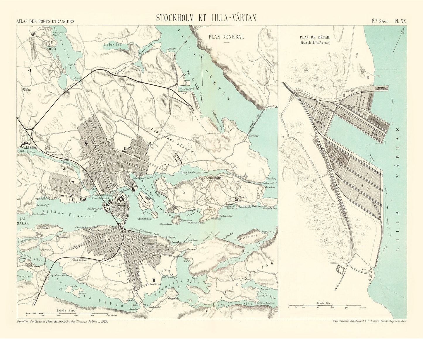 Vintage Map of Stockholm, Sweden, 1883