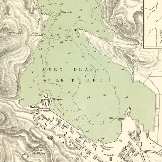 Vintage Map of Piraeus, Greece, 1870