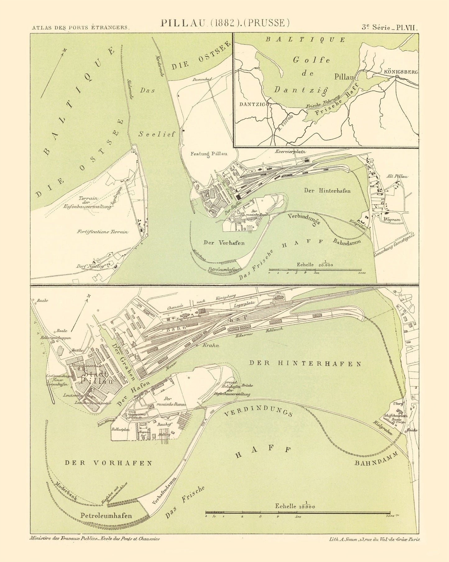 Vintage Map of Baltiysk, Prussia, 1882