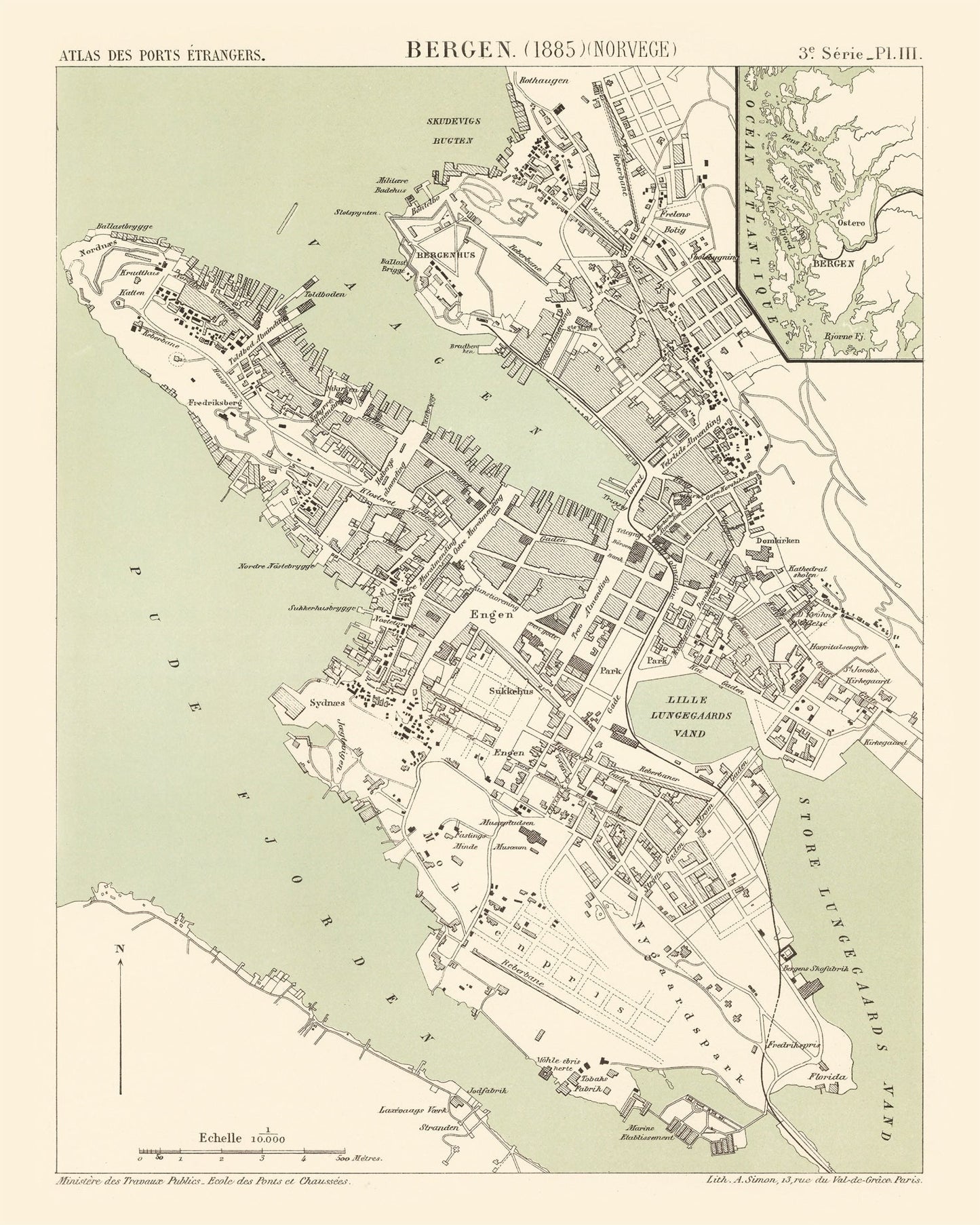 Vintage Map of Bergen, Norway, 1885