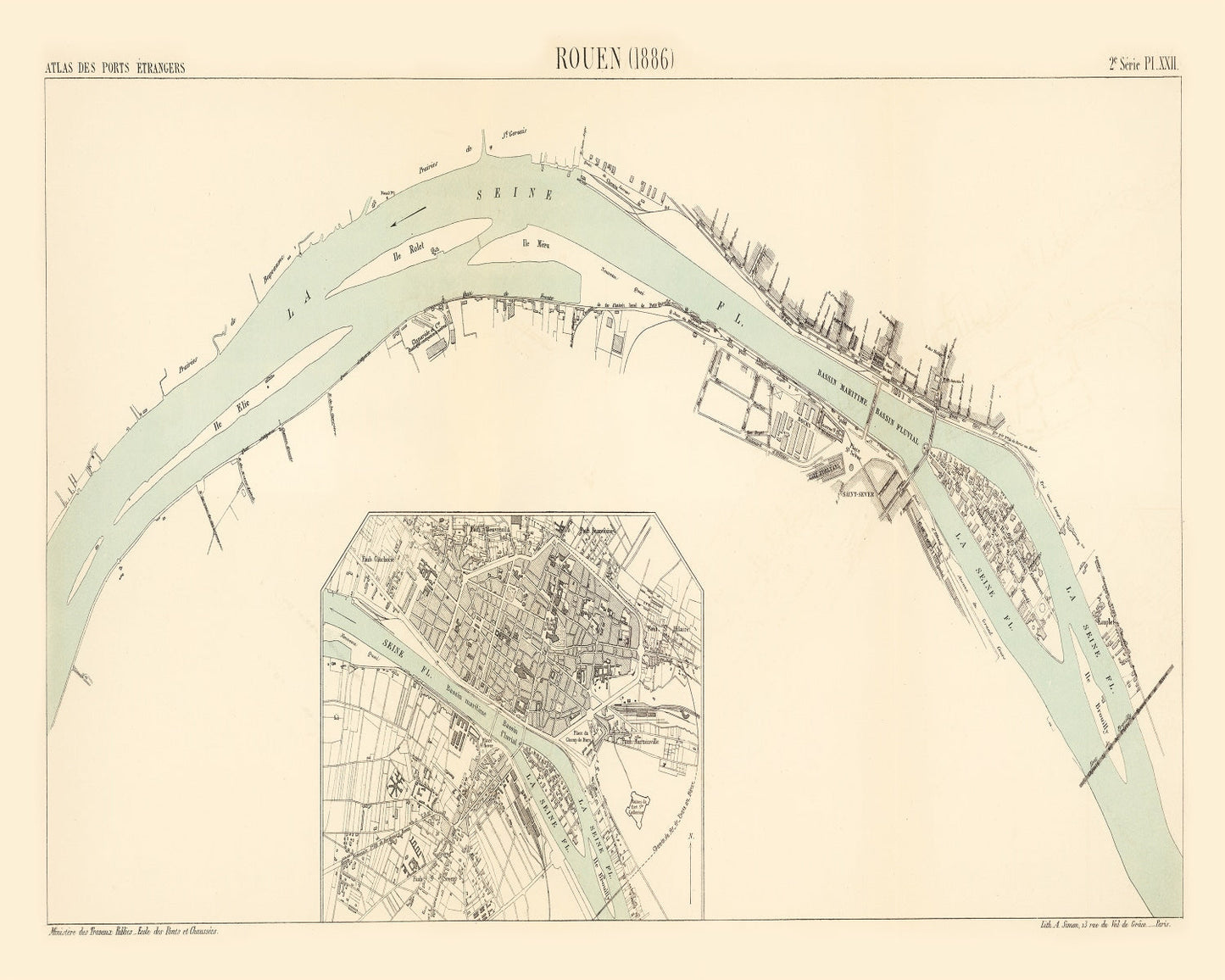 Vintage Map of Rouen, France, 1886