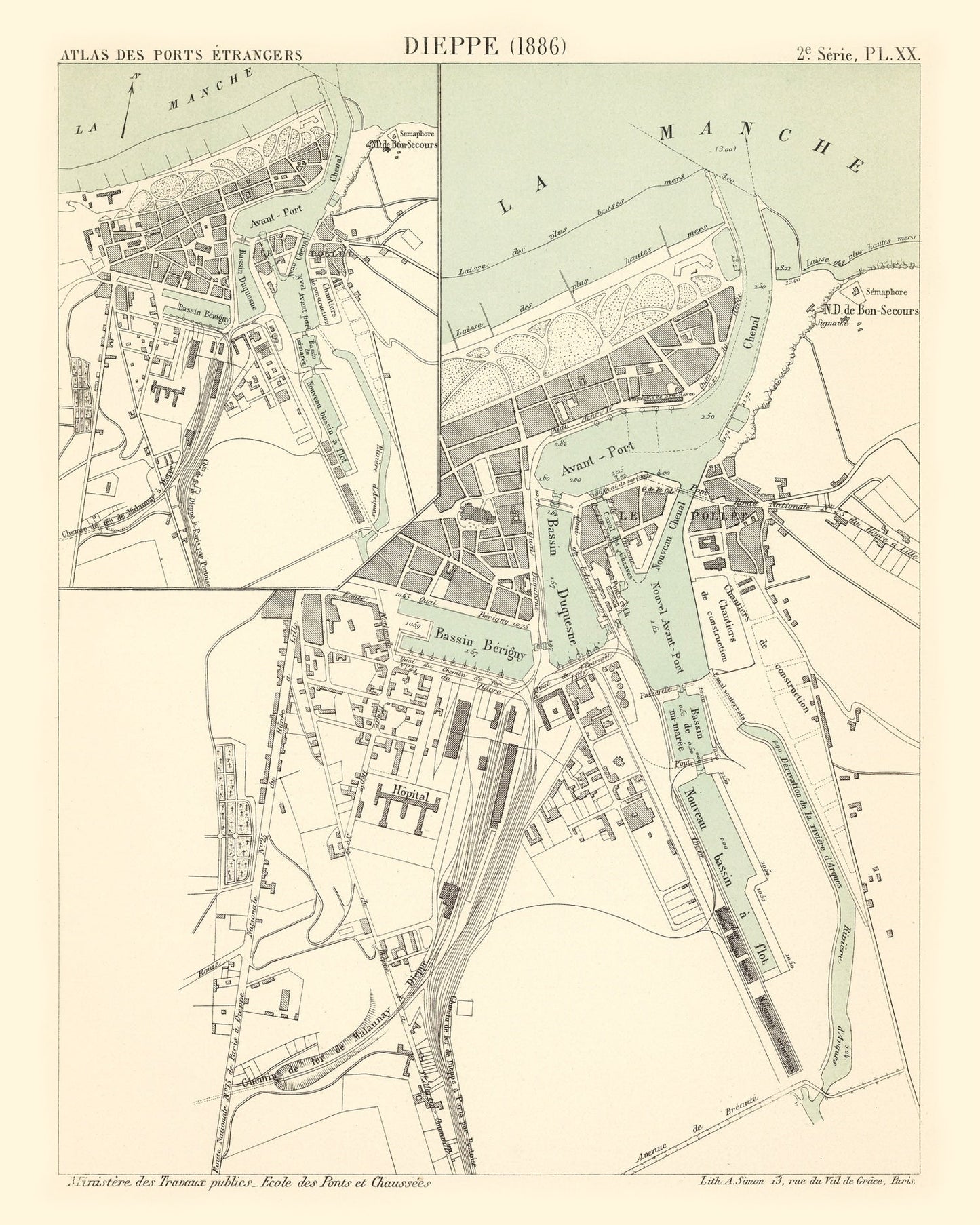 Vintage Map of Dieppe, France, 1886