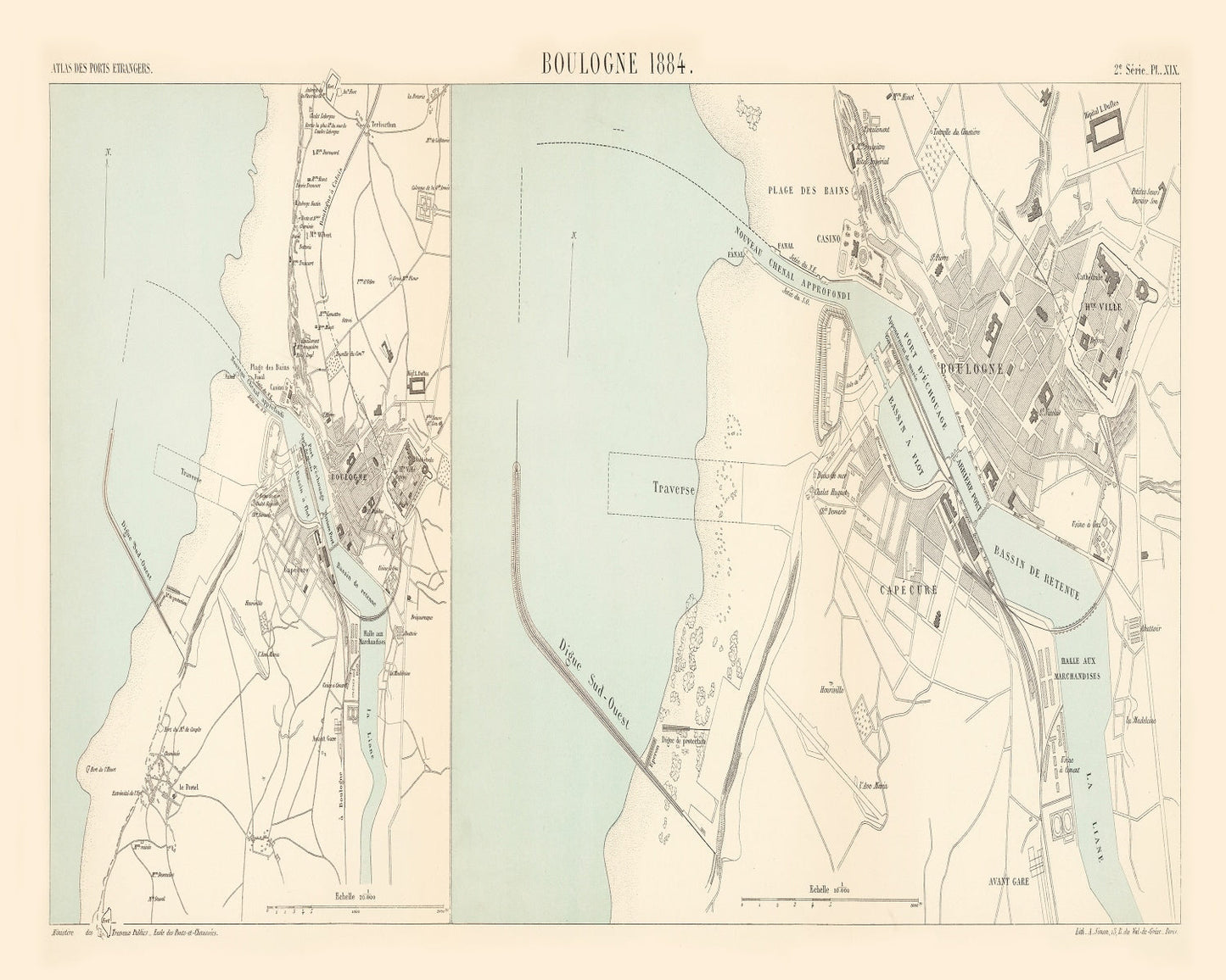 Vintage Map of Boulogne-sur-Mer, France, 1884