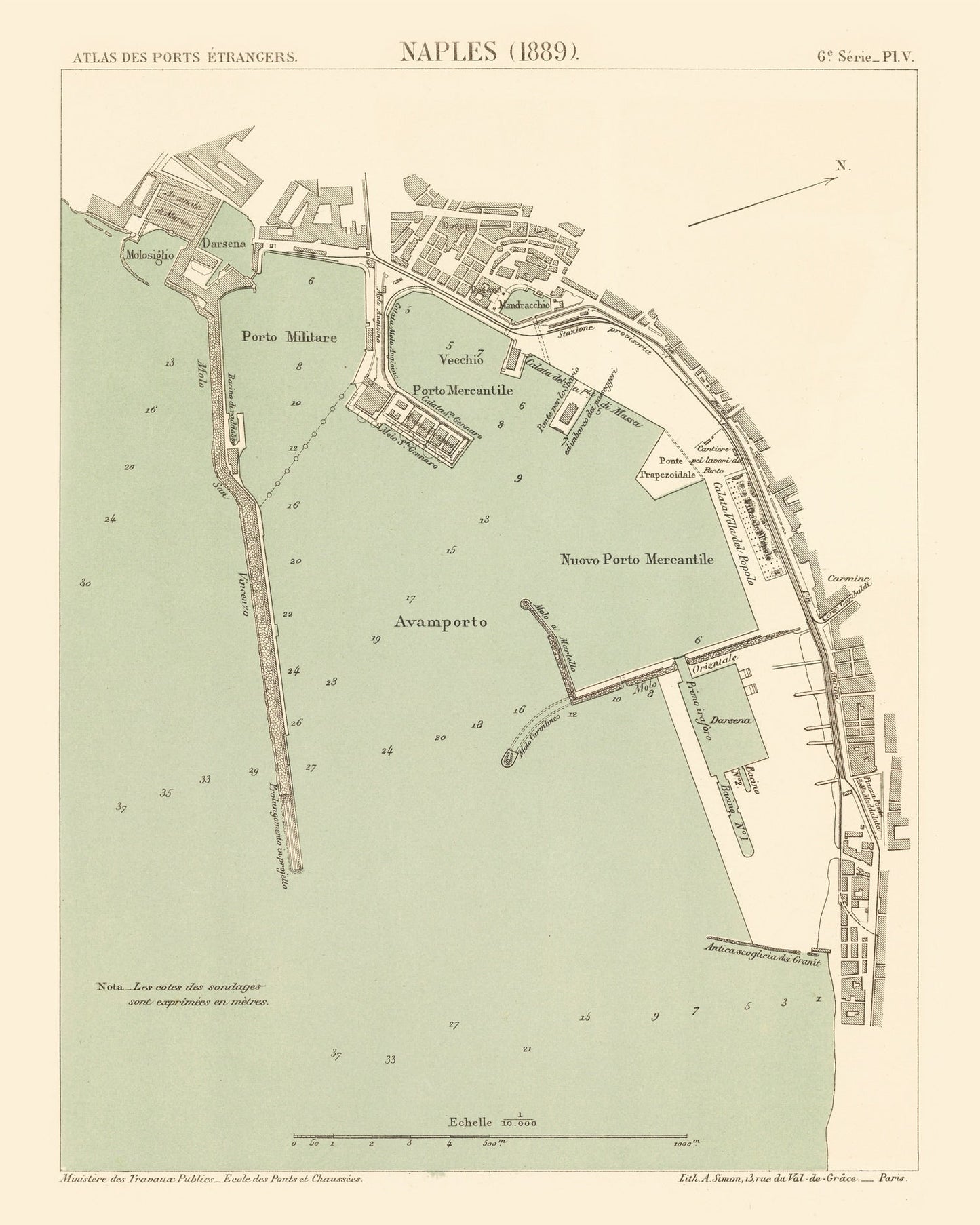 Vintage Map of Naples, Italy, 1889