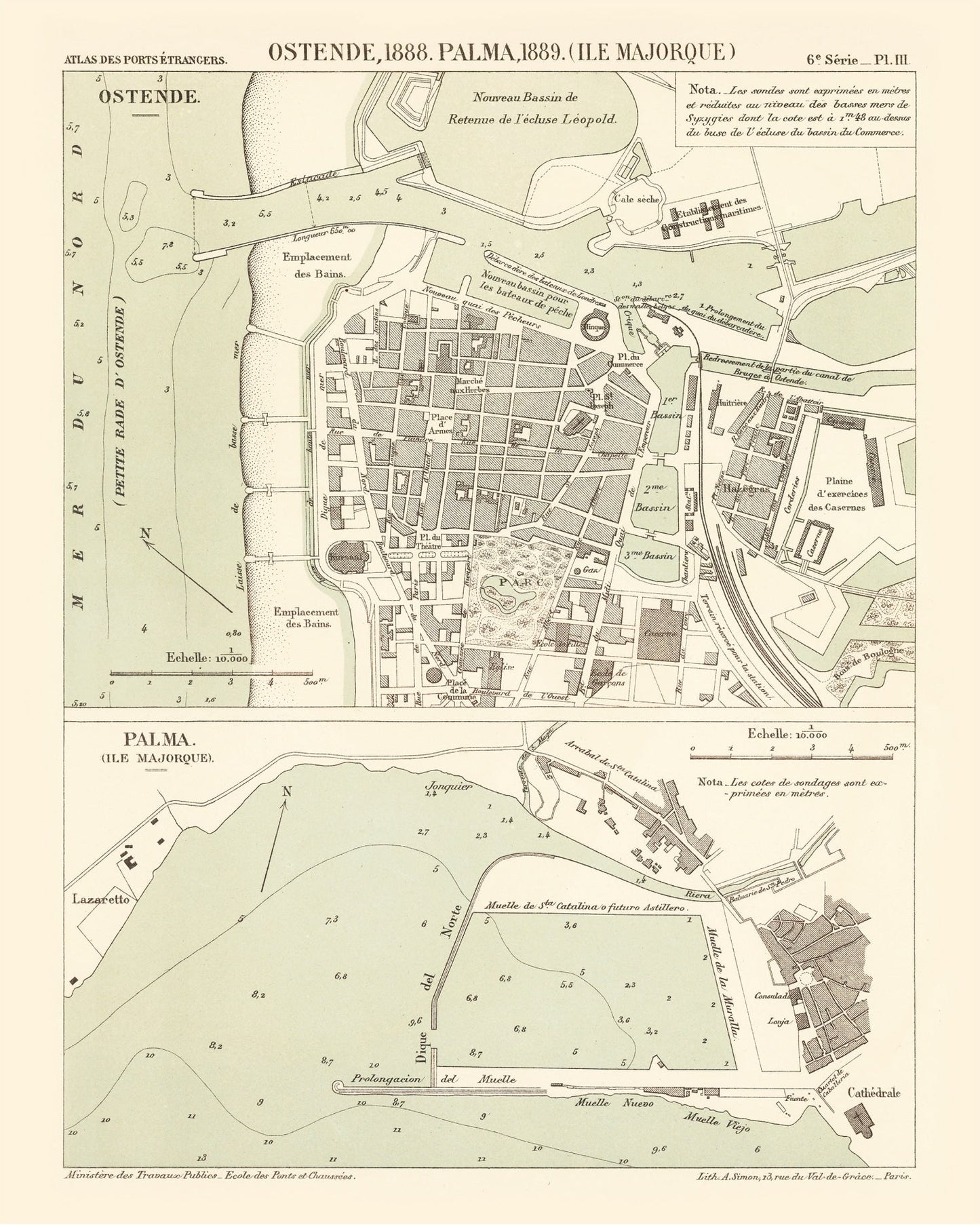 Vintage Map of Ostend, Belgium, 1889