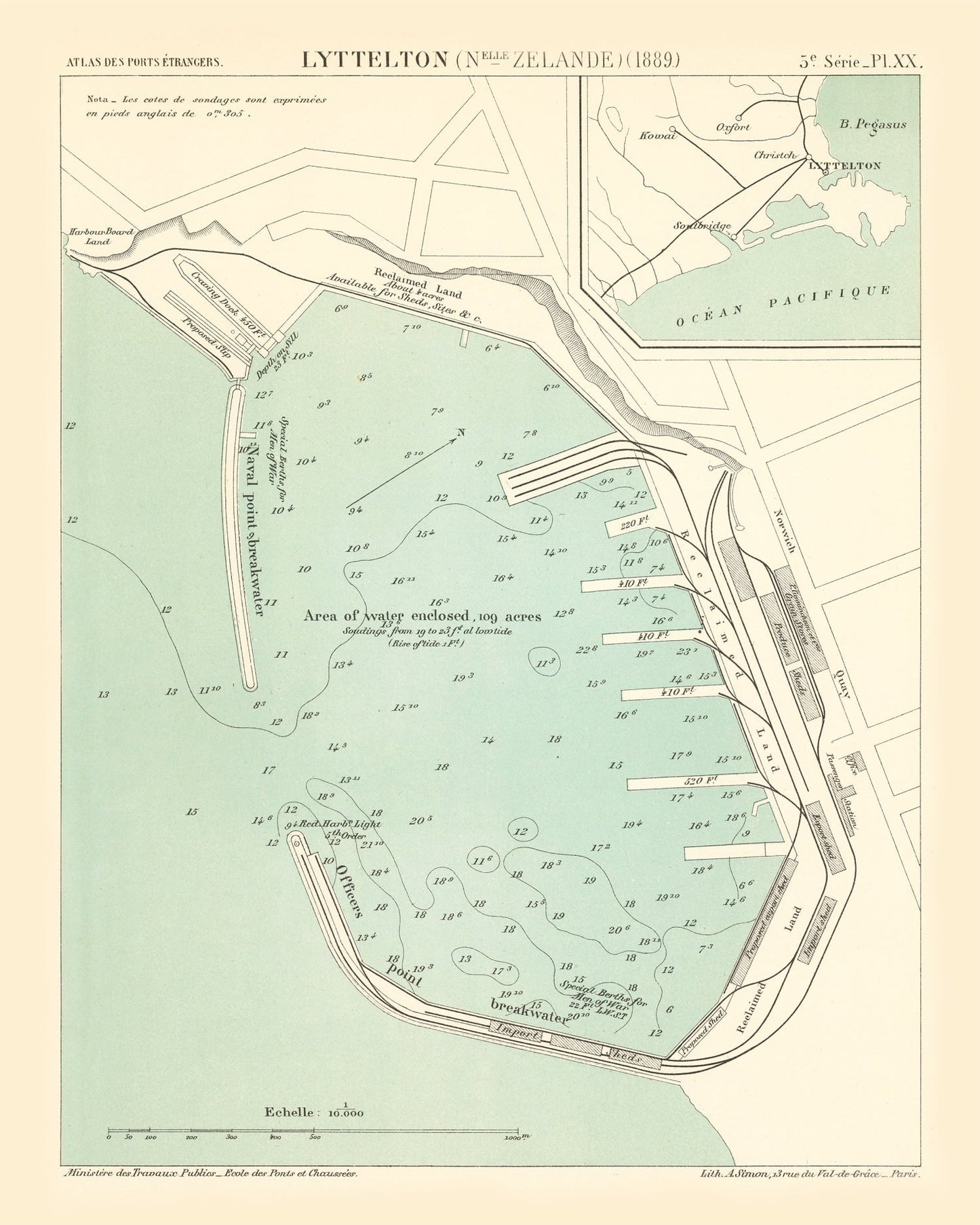 Vintage Map of Lyttelton, New Zealand, 1889