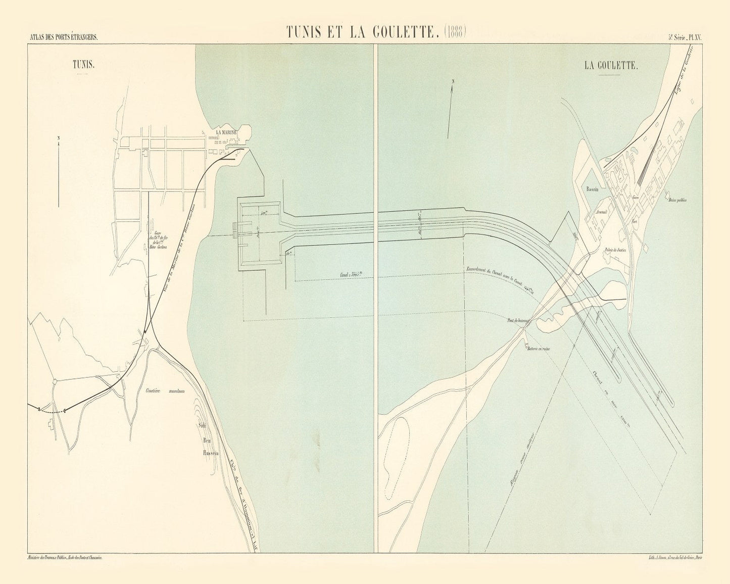 Vintage Map of Tunis, Tunisia, 1888