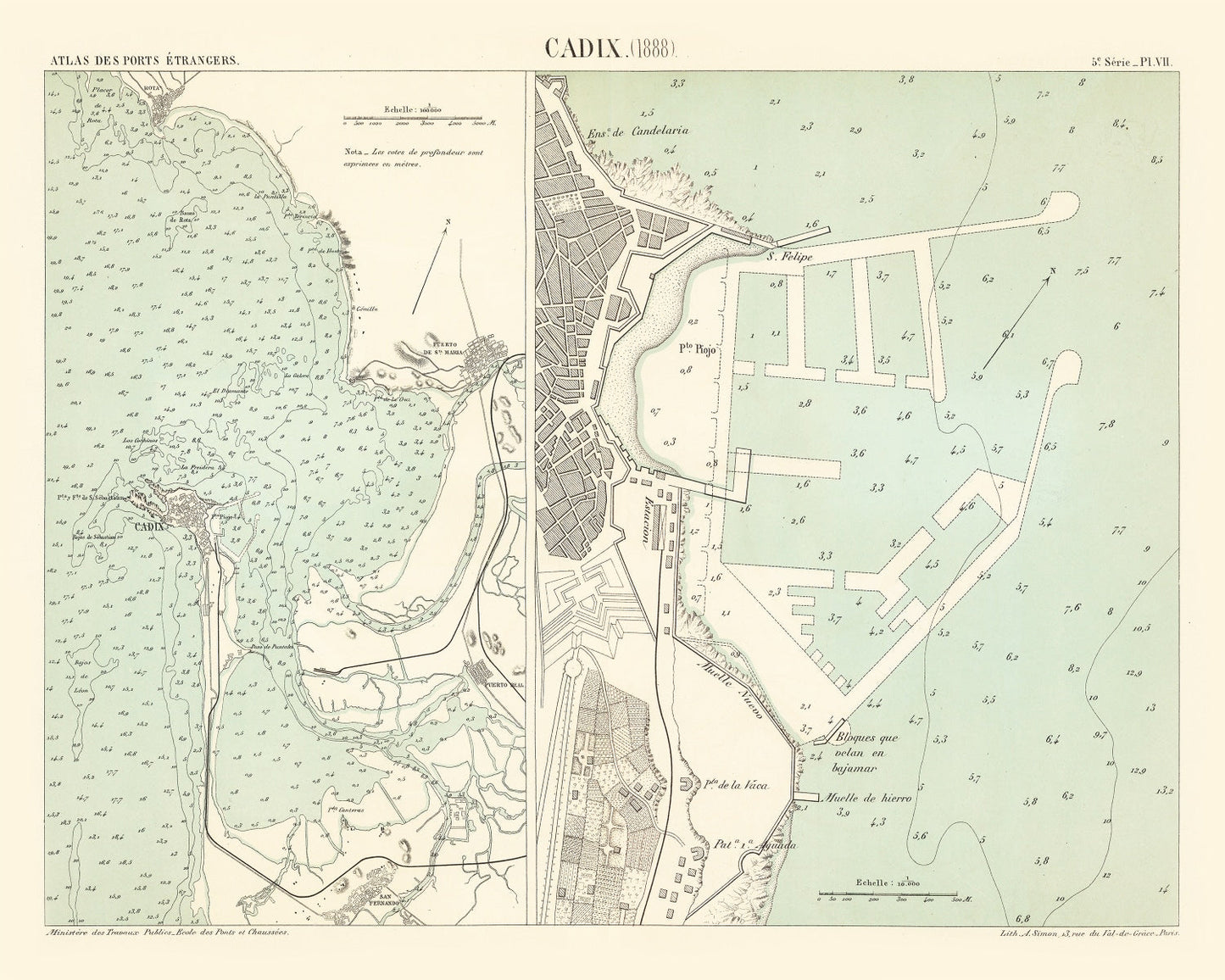 Vintage Map of Cadiz, Spain, 1888 Wall Art