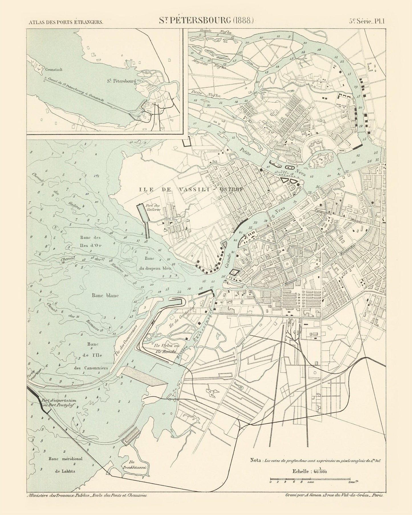Vintage Map of Saint Petersburg, Russia, 1888