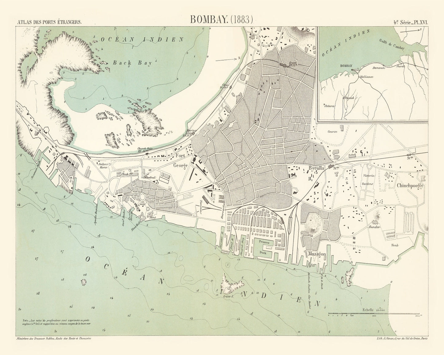Vintage Map of Mumbai, India, 1883