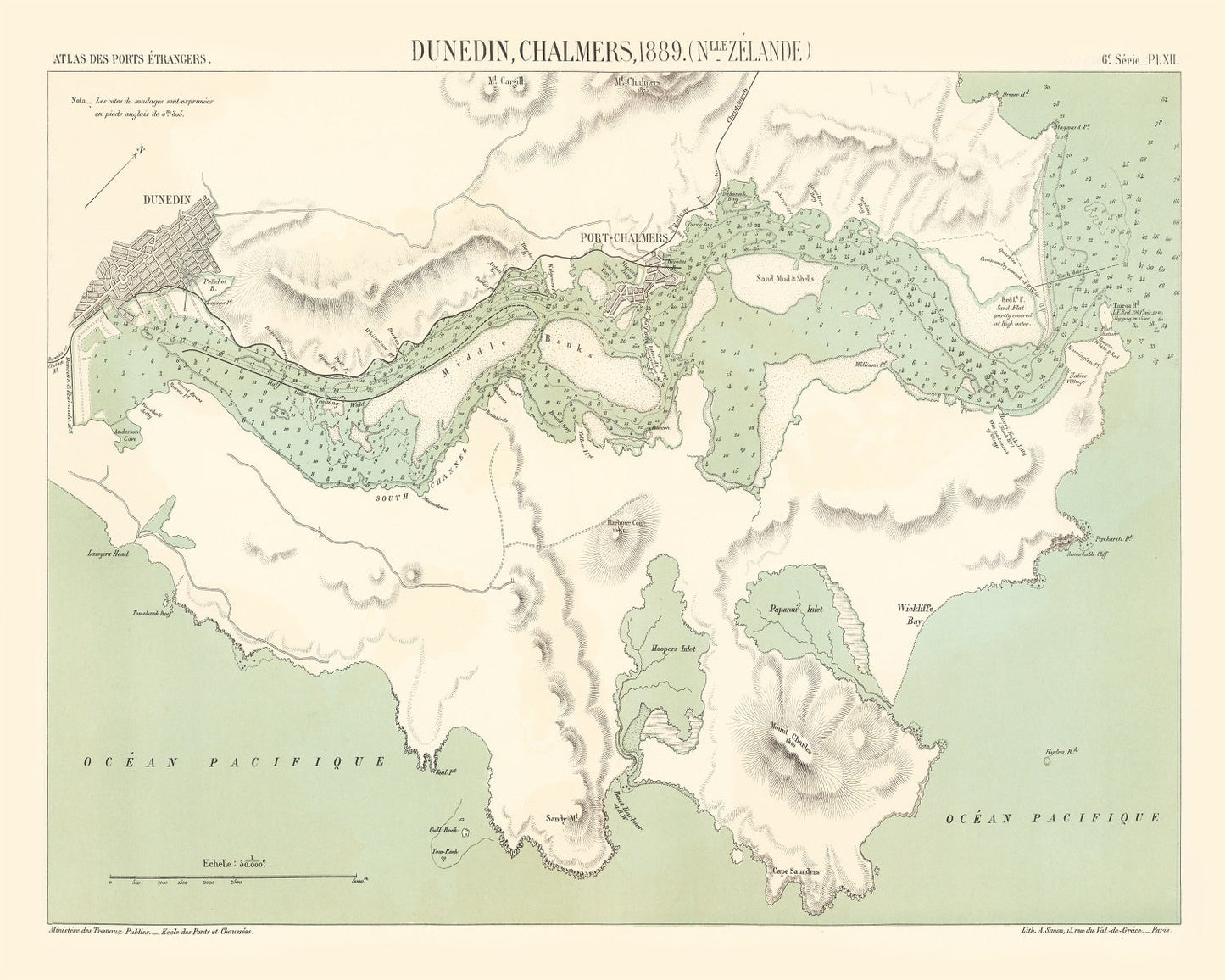 Vintage Map of Dunedin, New Zealand, 1889