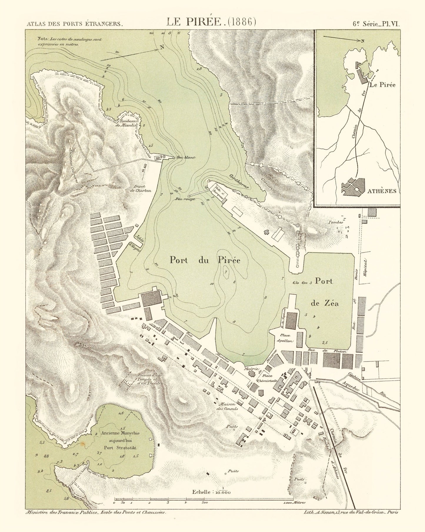 Vintage Map of Piraeus, Greece, 1886