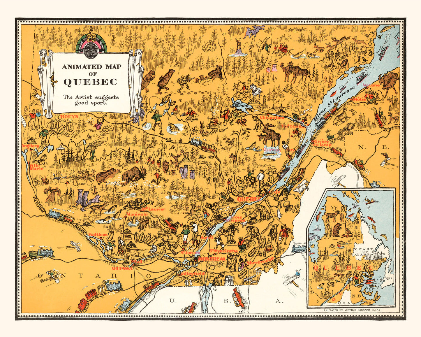 Vintage Map of Quebec, Canada, 1929
