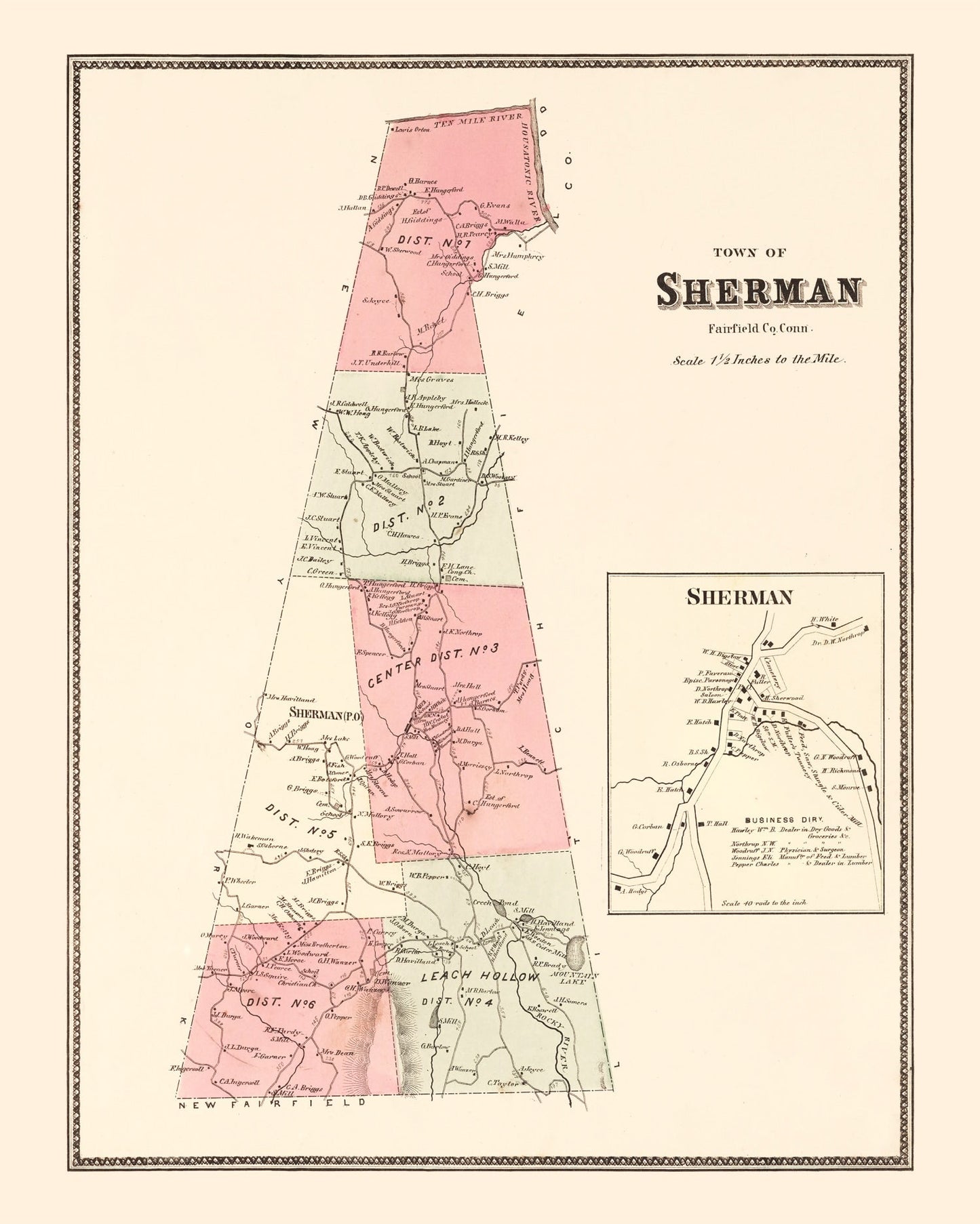 Vintage Map of Sherman, Connecticut, 1867