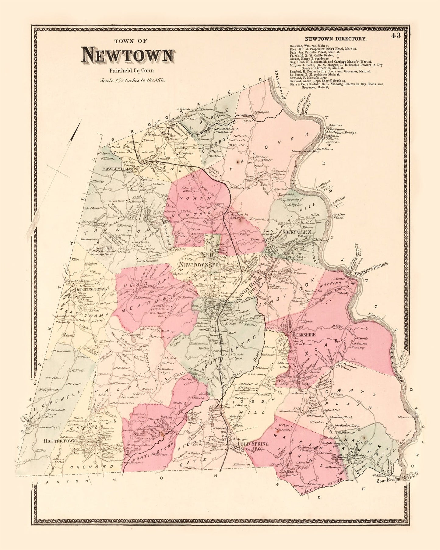 Vintage Map of Newtown, Connecticut, 1867