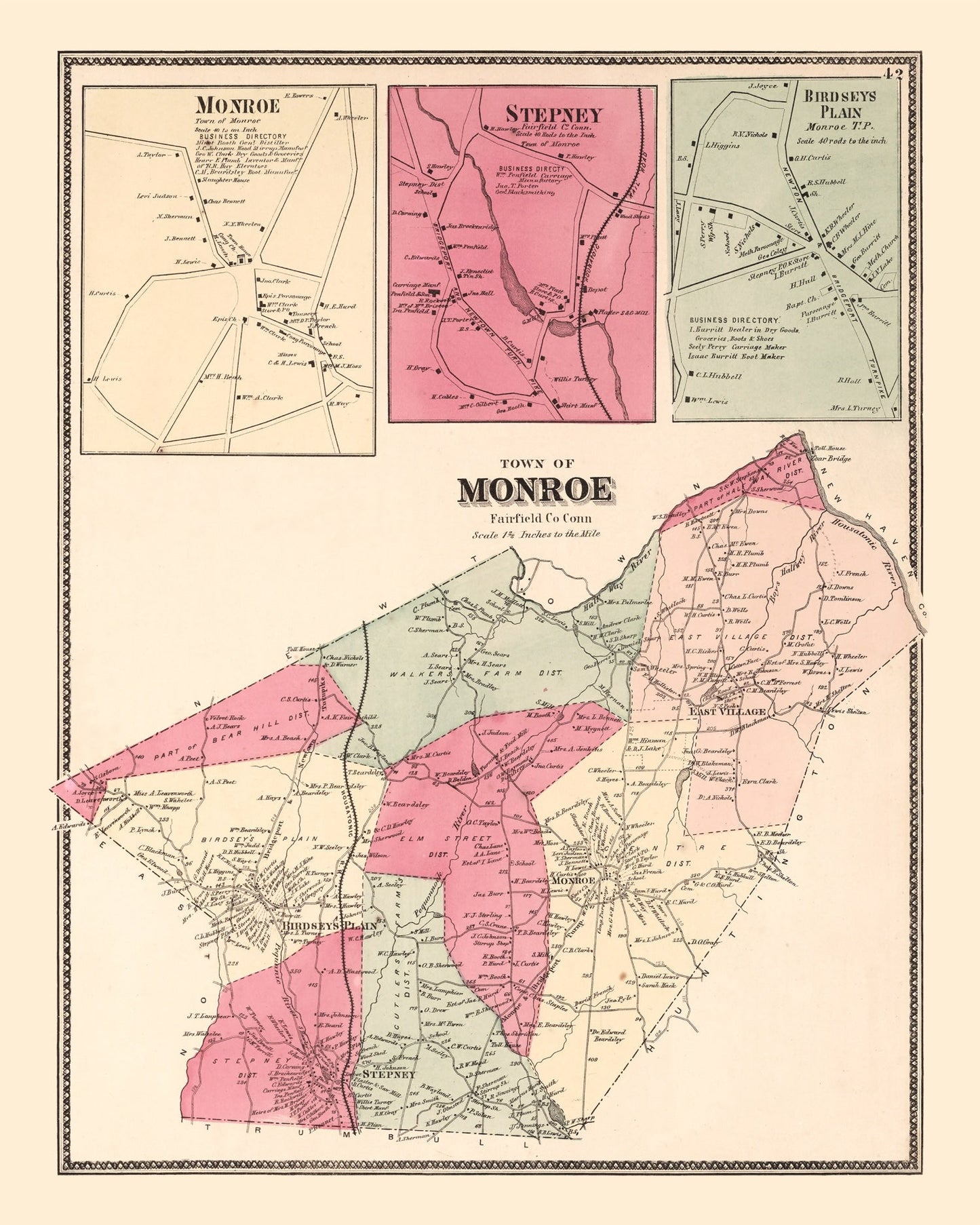 Vintage Map of Monroe, Connecticut, 1867