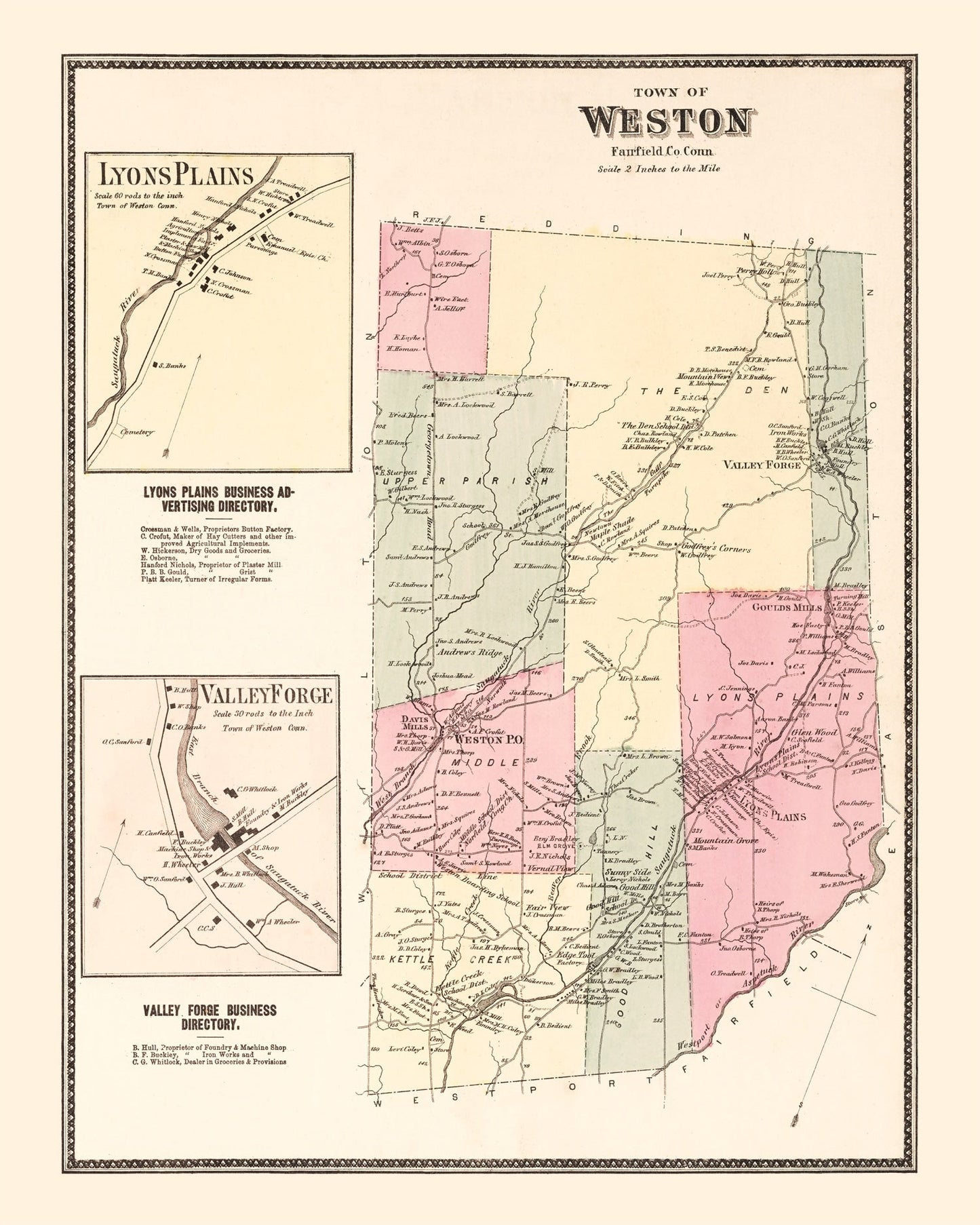 Vintage Map of Lyons Plains, Connecticut, 1867