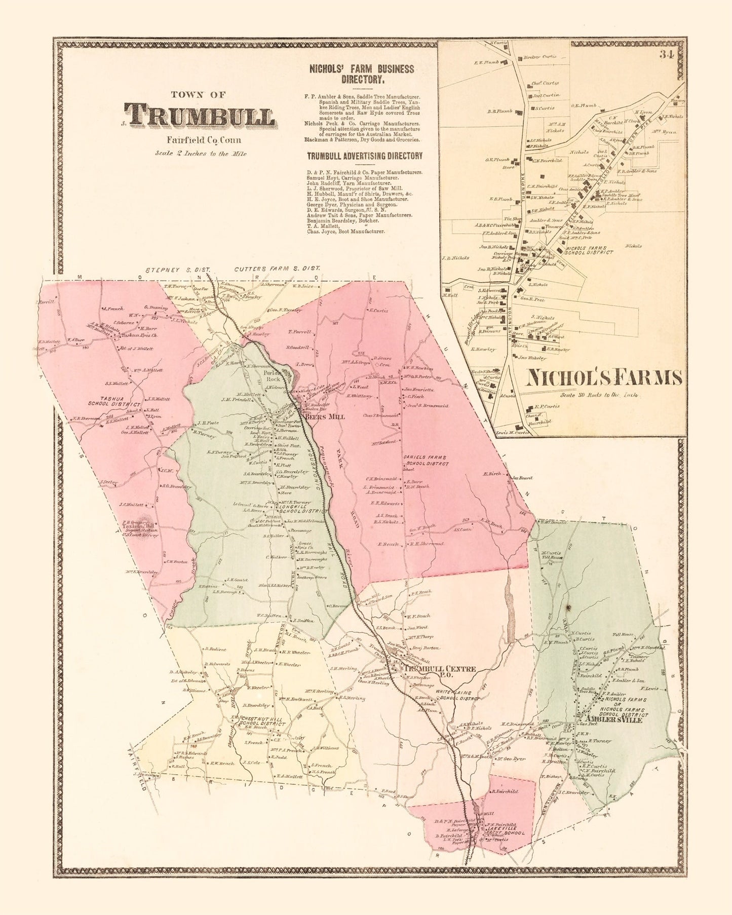 Vintage Map of Nichol's Farms, Connecticut, 1867