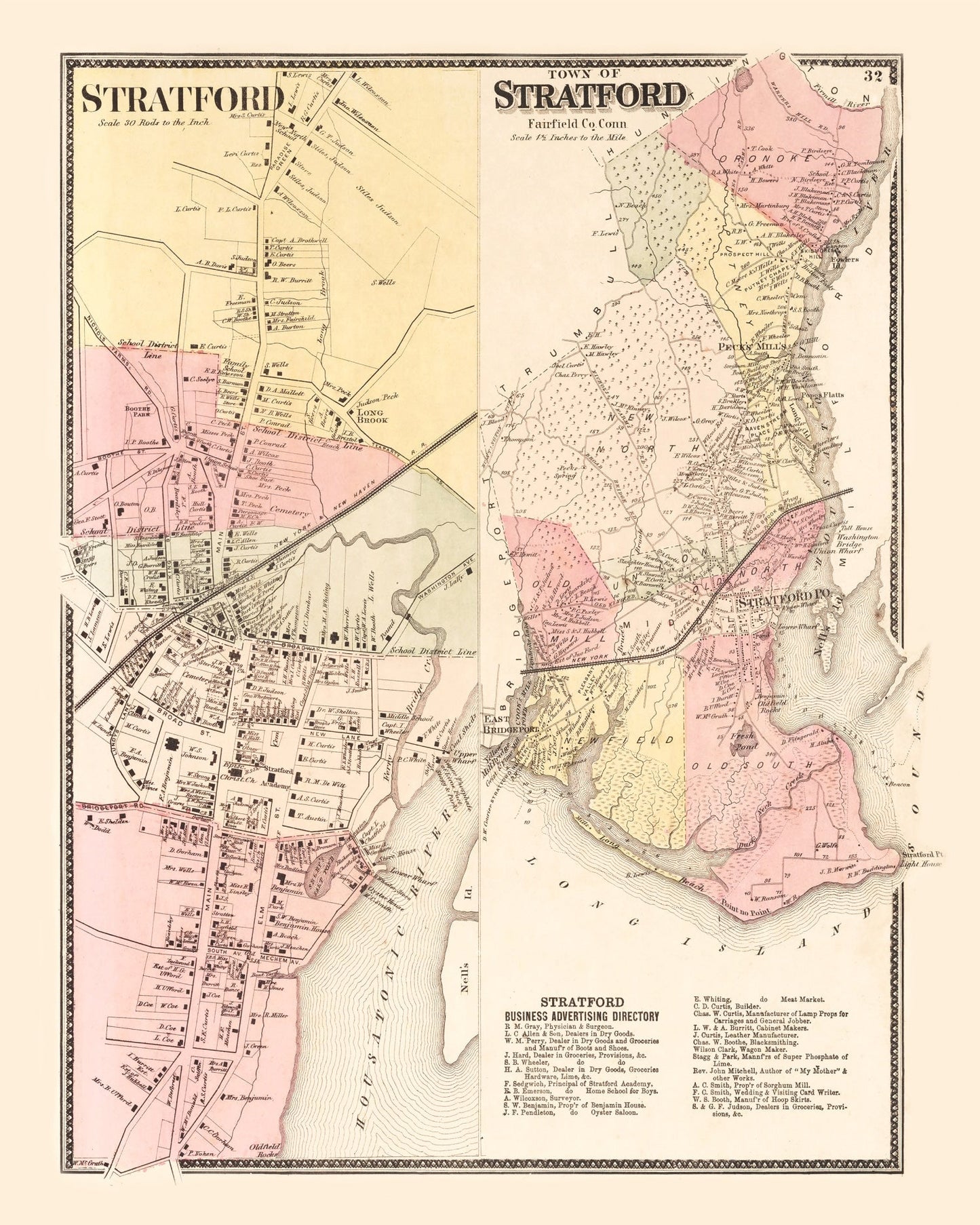 Vintage Map of Stratford, Connecticut, 1867