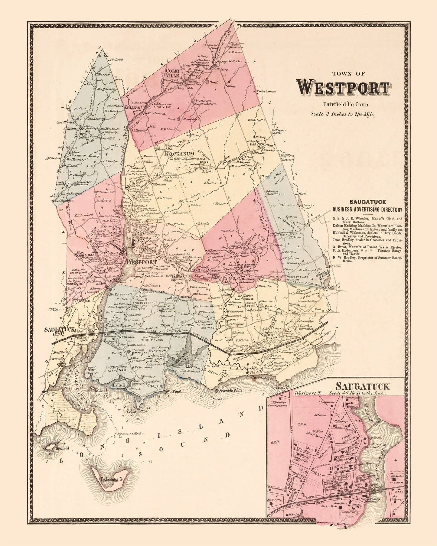 Vintage Map of Saugatuck, Connecticut, 1867