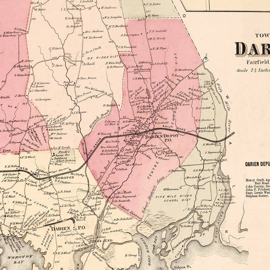 Vintage Map of Darien, Connecticut, 1867