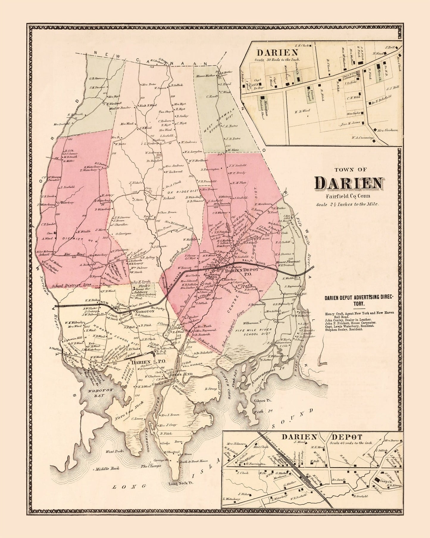 Vintage Map of Darien, Connecticut, 1867