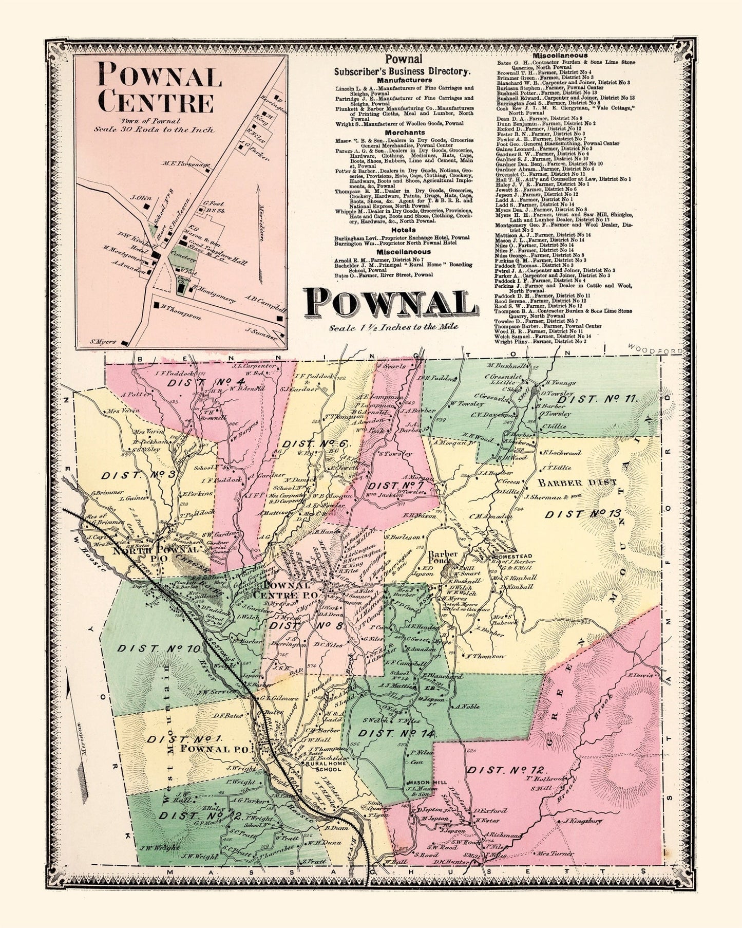 Vintage Map of Pownal Township, Bennington County, Vermont, 1869